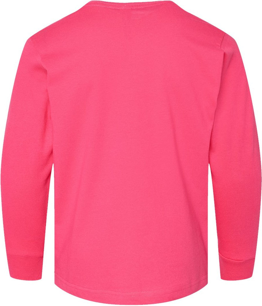Front View of Hot Pink Youth Fine Jersey Long Sleeve Tee - 6201