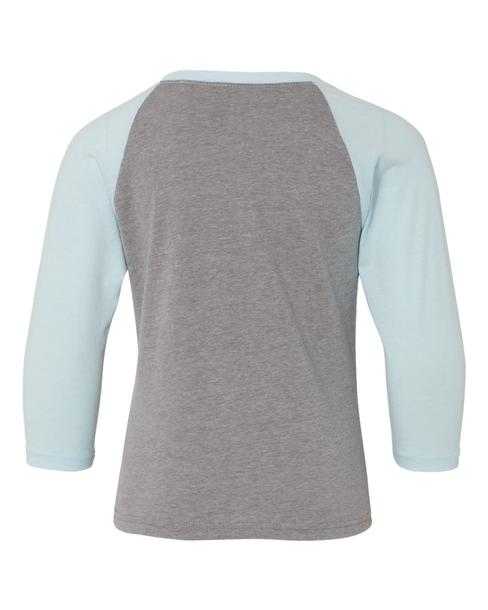 Rear View of Ice Blue Sleeves/ Dark Heather Grey Body Youth CVC Three-Quarter Sleeve Raglan T-Shirt - 3352