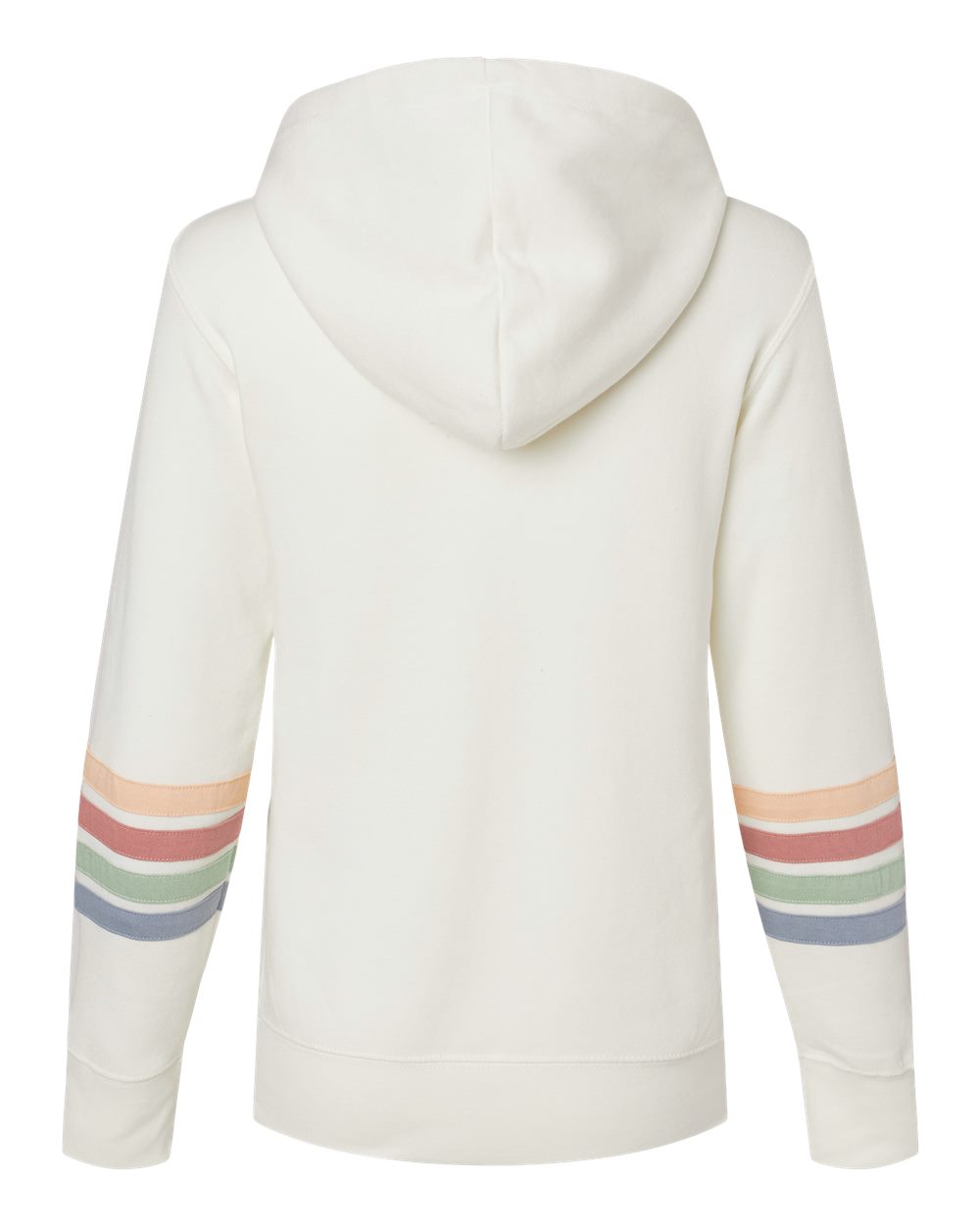 Rear View of Ivory Women's Striped Sleeves Full-Zip Hooded Sweatshirt - W22732