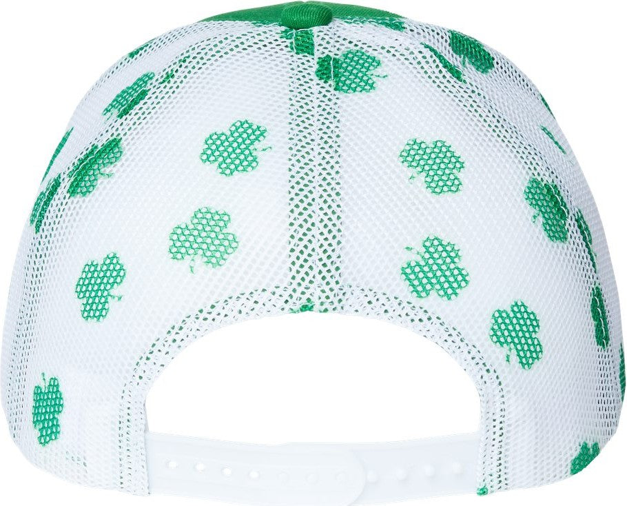 Rear View of Kelly Green/ White/ Clover Printed Mesh Trucker Cap - S700M