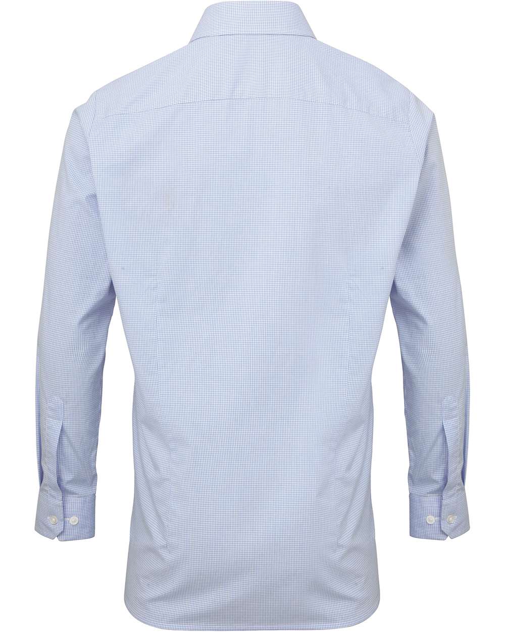 Rear View of Light Blue/ White Men's Microcheck Gingham Cotton Shirt - RP220