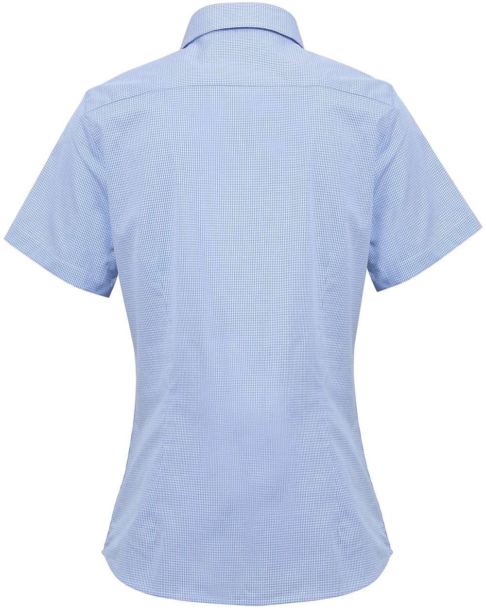 Rear View of Light Blue/ White Women's Microcheck Gingham Short Sleeve Cotton Dress Shirt - RP321