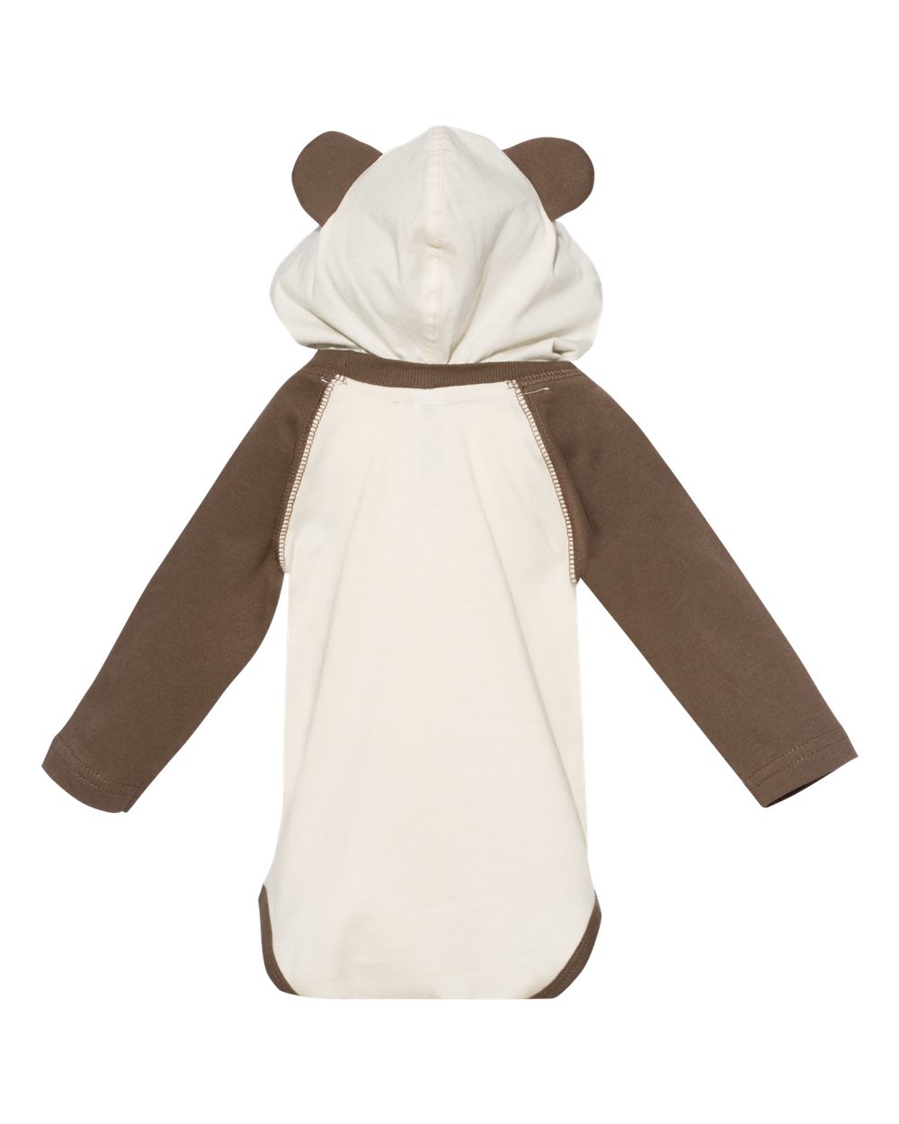 Rear View of Natural/ Brown Fine Jersey Infant Character Hooded Long Sleeve Bodysuit with Ears - 4418
