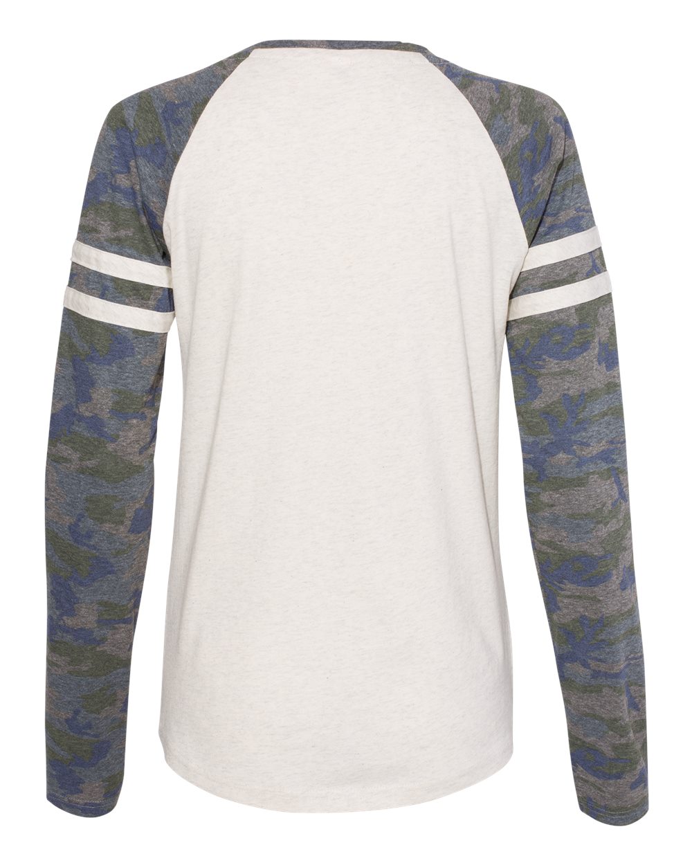 Rear View of Natural Heather/ Vintage Camo/ Natural Heather Women's Fine Jersey Mash Up Long Sleeve T-Shirt - 3534