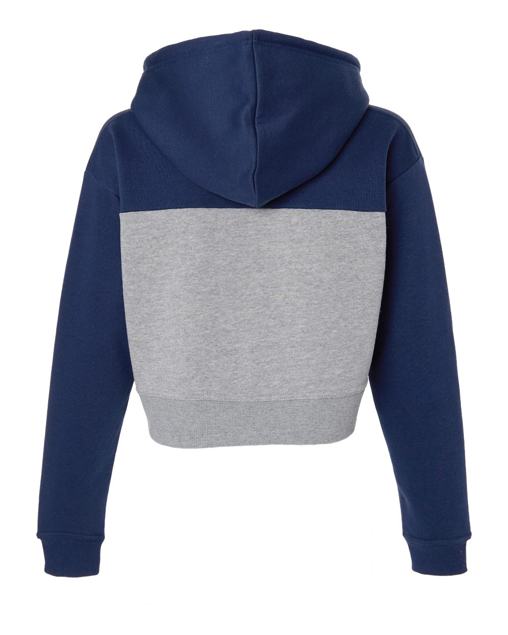 Rear View of Navy/ Oxford Heather Women's Cropped Fleece Hooded Sweatshirt - BW5404