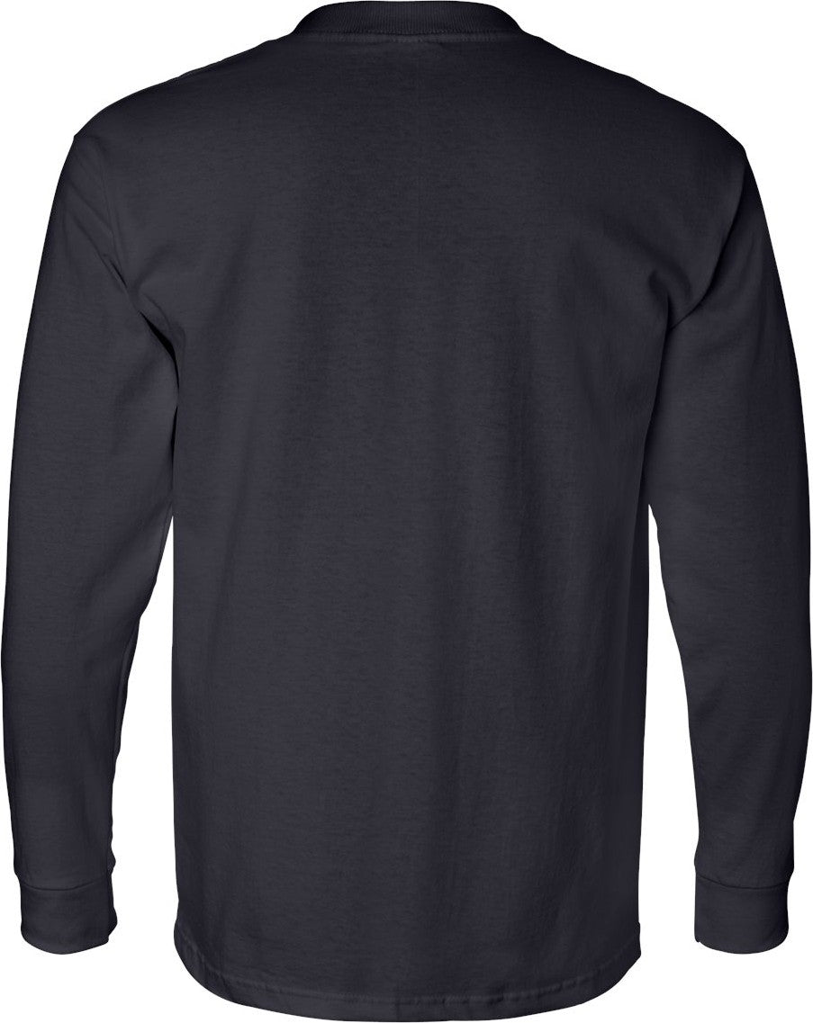 Rear View of Navy USA-Made Long Sleeve Pocket T-Shirt - 8100