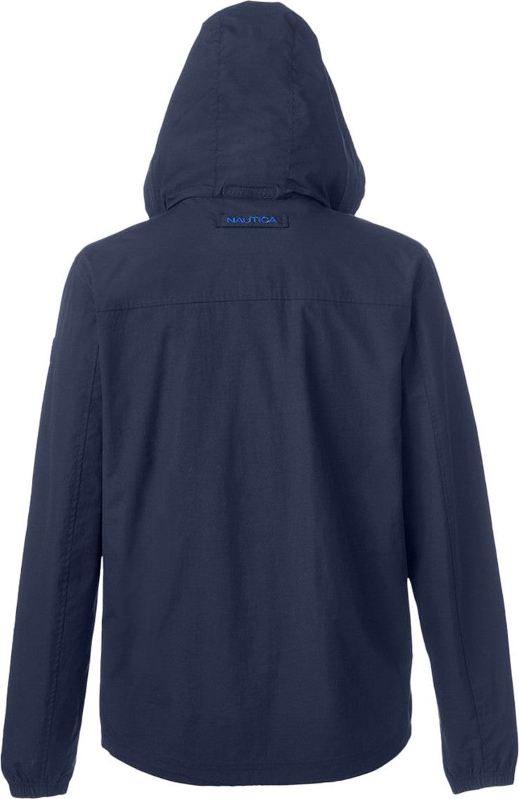 Rear View of Navy Voyage Hooded Rain Jacket - N17182