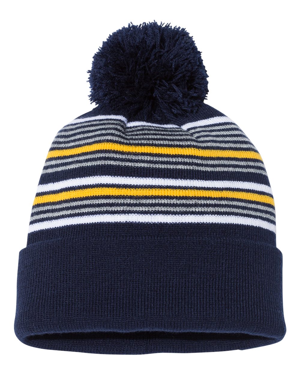 Front View of Navy/ White/ Grey/ Gold 12" Striped Pom-Pom Cuffed Beanie - SP60