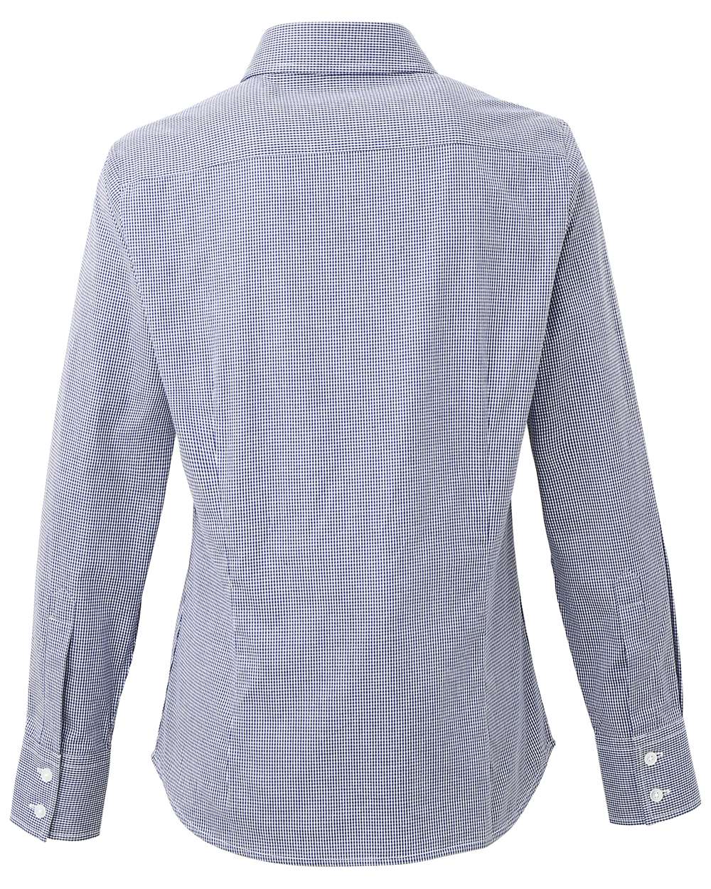 Rear View of Navy/ White Women's Microcheck Gingham Cotton Shirt - RP320