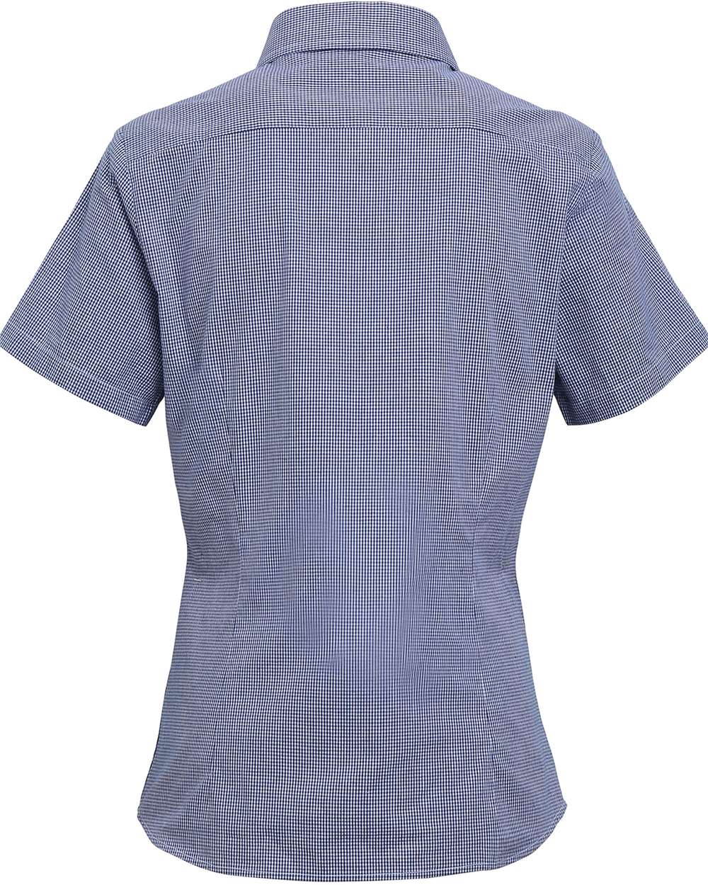 Rear View of Navy/ White Women's Microcheck Gingham Short Sleeve Cotton Dress Shirt - RP321