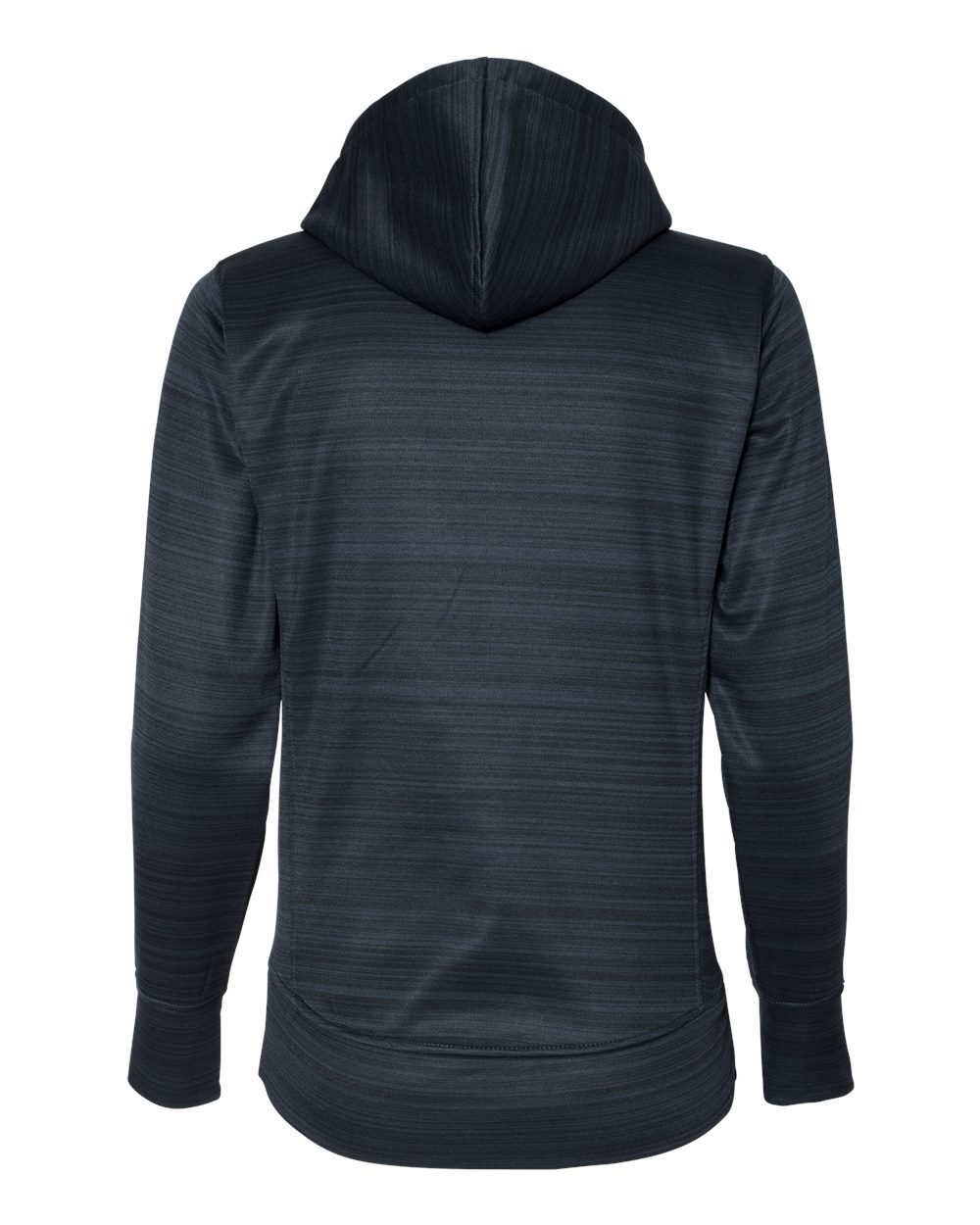 Rear View of Navy Women's Odyssey Striped Performance Fleece Lapover Hooded Sweatshirt - 8662