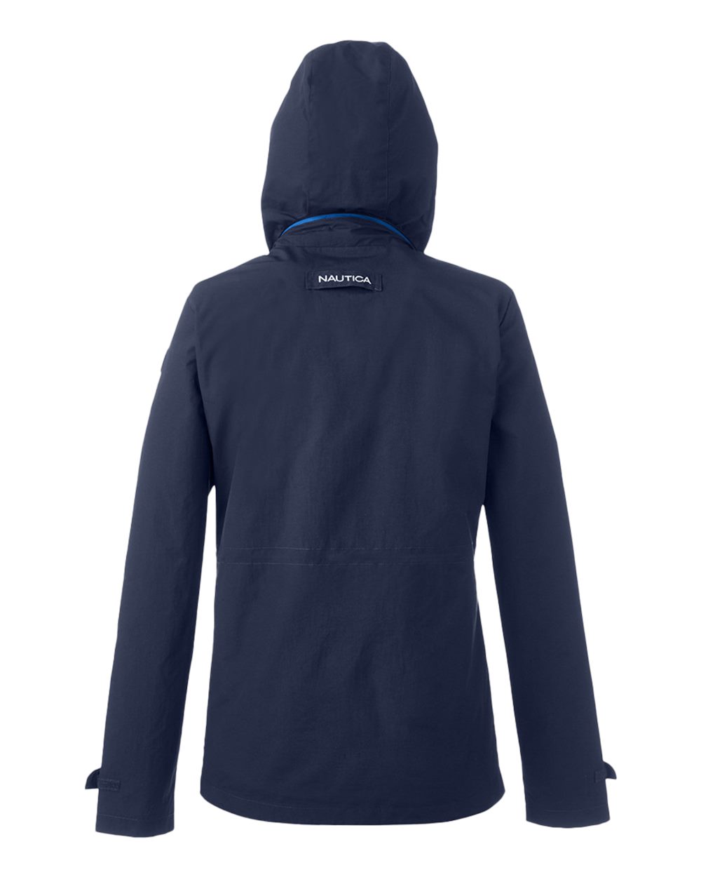 Rear View of Navy Women's Voyage Hooded Rain Jacket - N17183