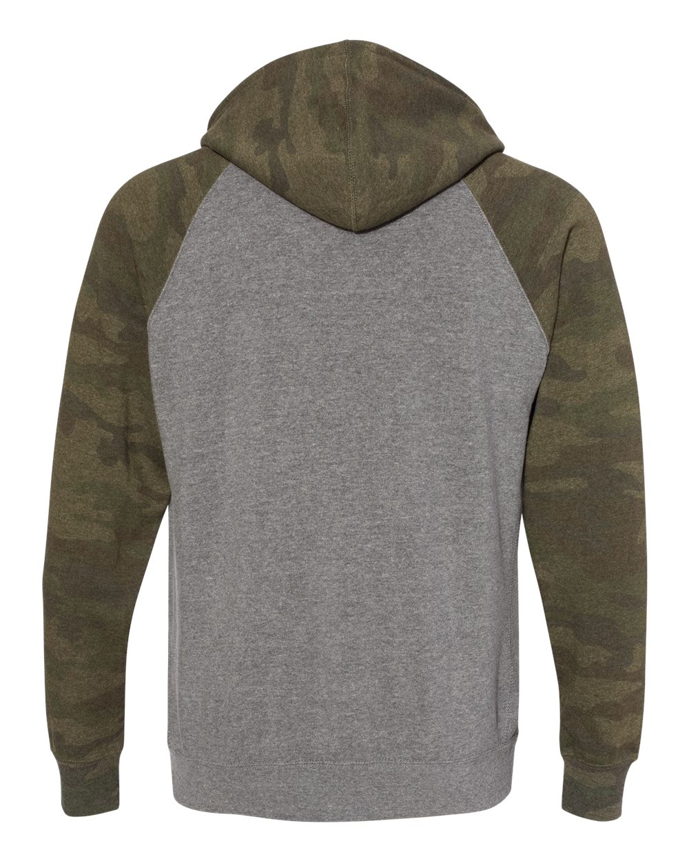 Rear View of Nickel Heather/ Forest Camo Special Blend Raglan Hooded Sweatshirt - PRM33SBP