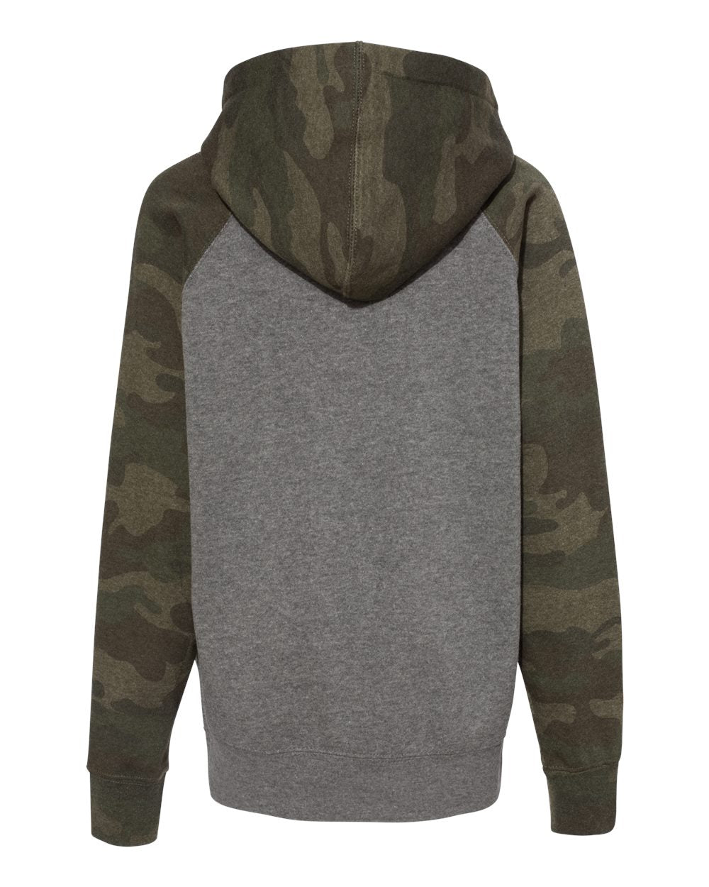 Rear View of Nickel Heather/ Forest Camo Youth Lightweight Special Blend Raglan Hooded Sweatshirt - PRM15YSB
