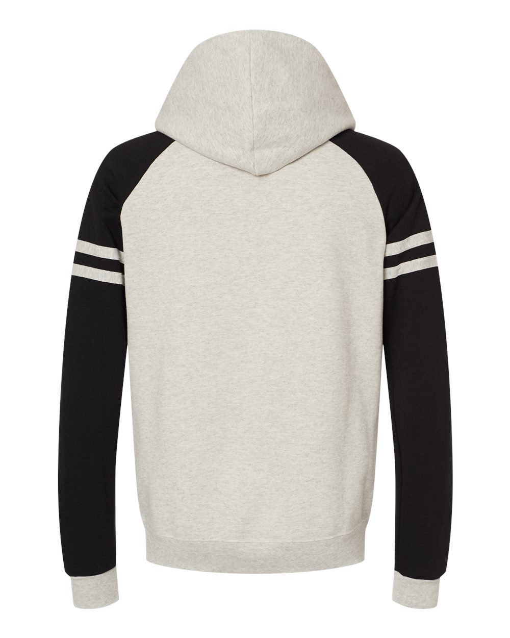 Rear View of Oatmeal Heather/ Black Ink Nublend® Varsity Colorblocked Raglan Hooded Sweatshirt - 97CR