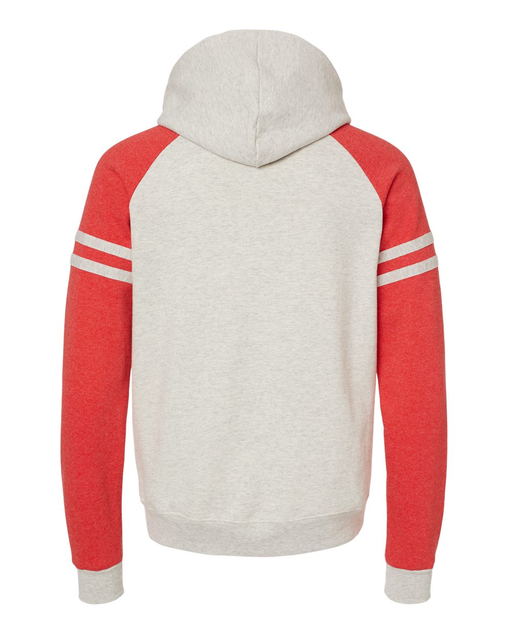 Rear View of Oatmeal Heather/ Fiery Red Heather Nublend® Varsity Colorblocked Raglan Hooded Sweatshirt - 97CR