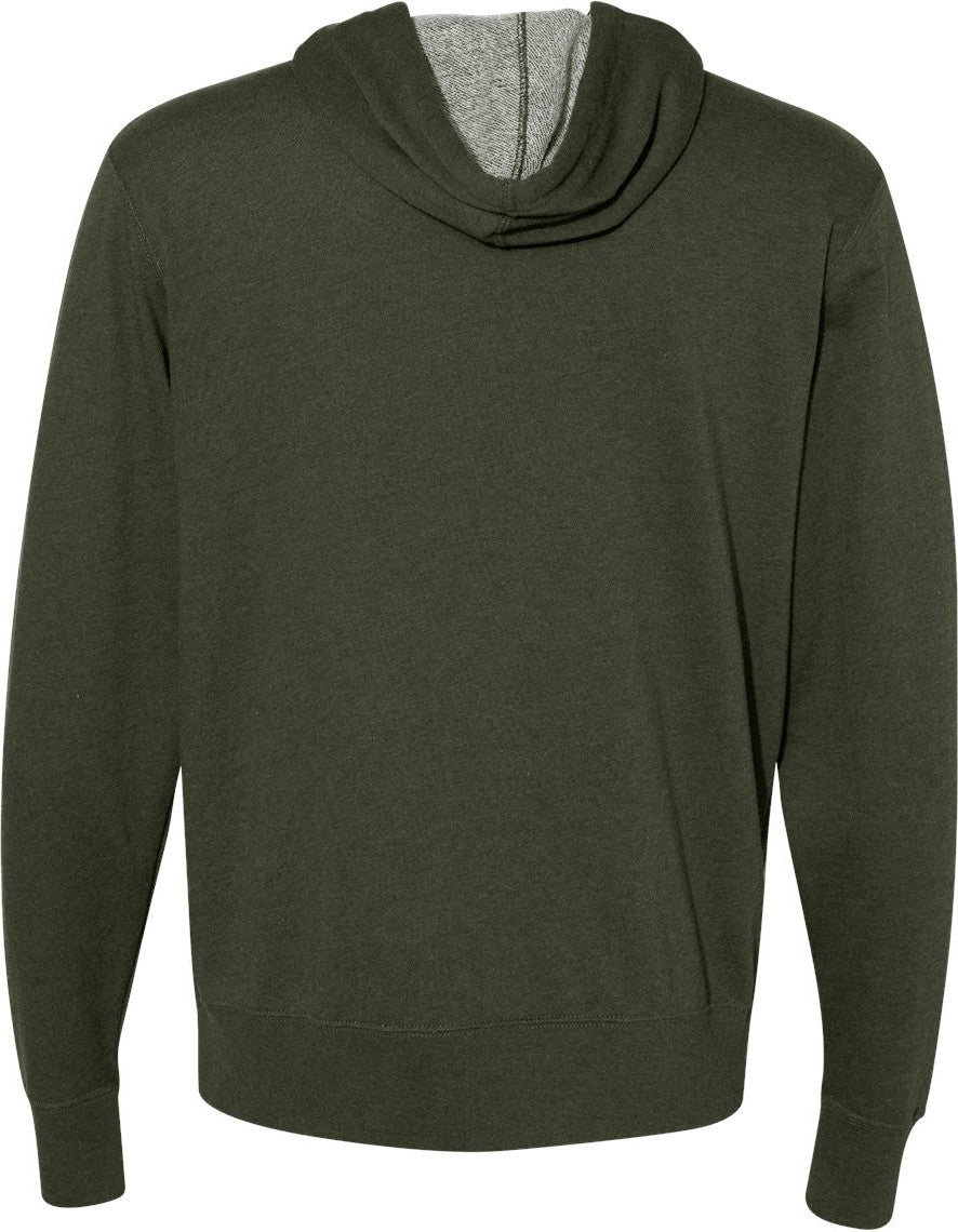 Rear View of Olive Heather Heathered French Terry Full-Zip Hooded Sweatshirt - PRM90HTZ