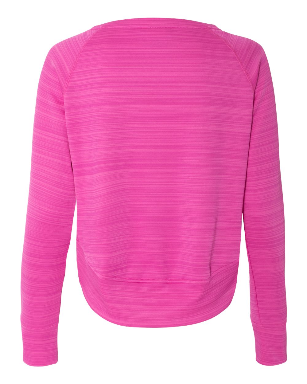 Rear View of Passion Pink Stripe Women's Odyssey Striped Performance Fleece Hi-Low Crewneck Sweatshirt - 8663