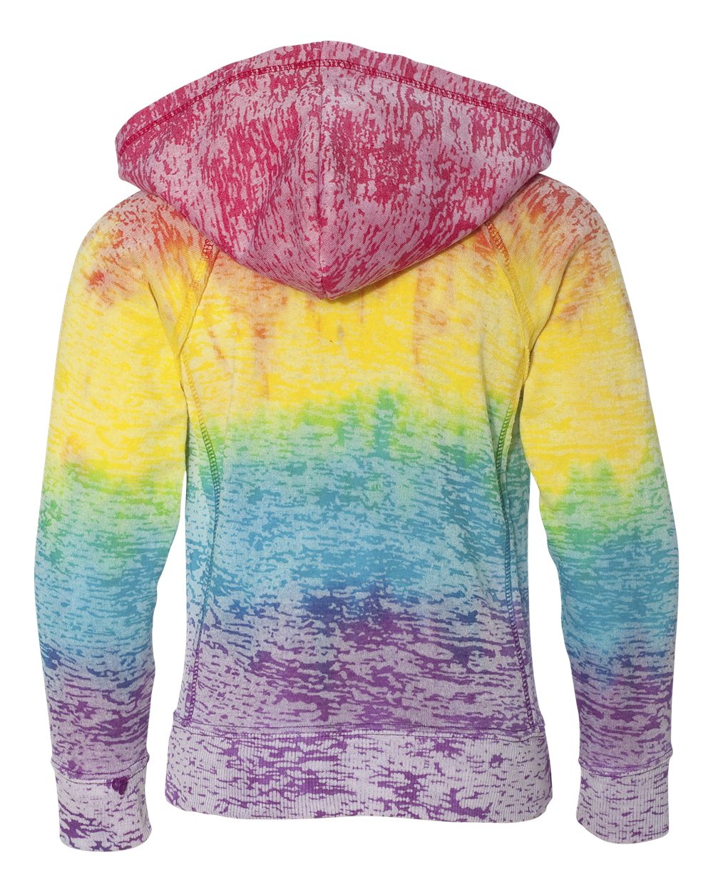 Rear View of Rainbow Stripe Girls’ Courtney Burnout V-Notch Hooded Sweatshirt - W1162Y