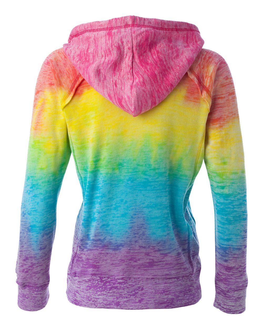 Rear View of Rainbow Stripe Women’s Courtney Burnout V-Notch Hooded Sweatshirt - W1162