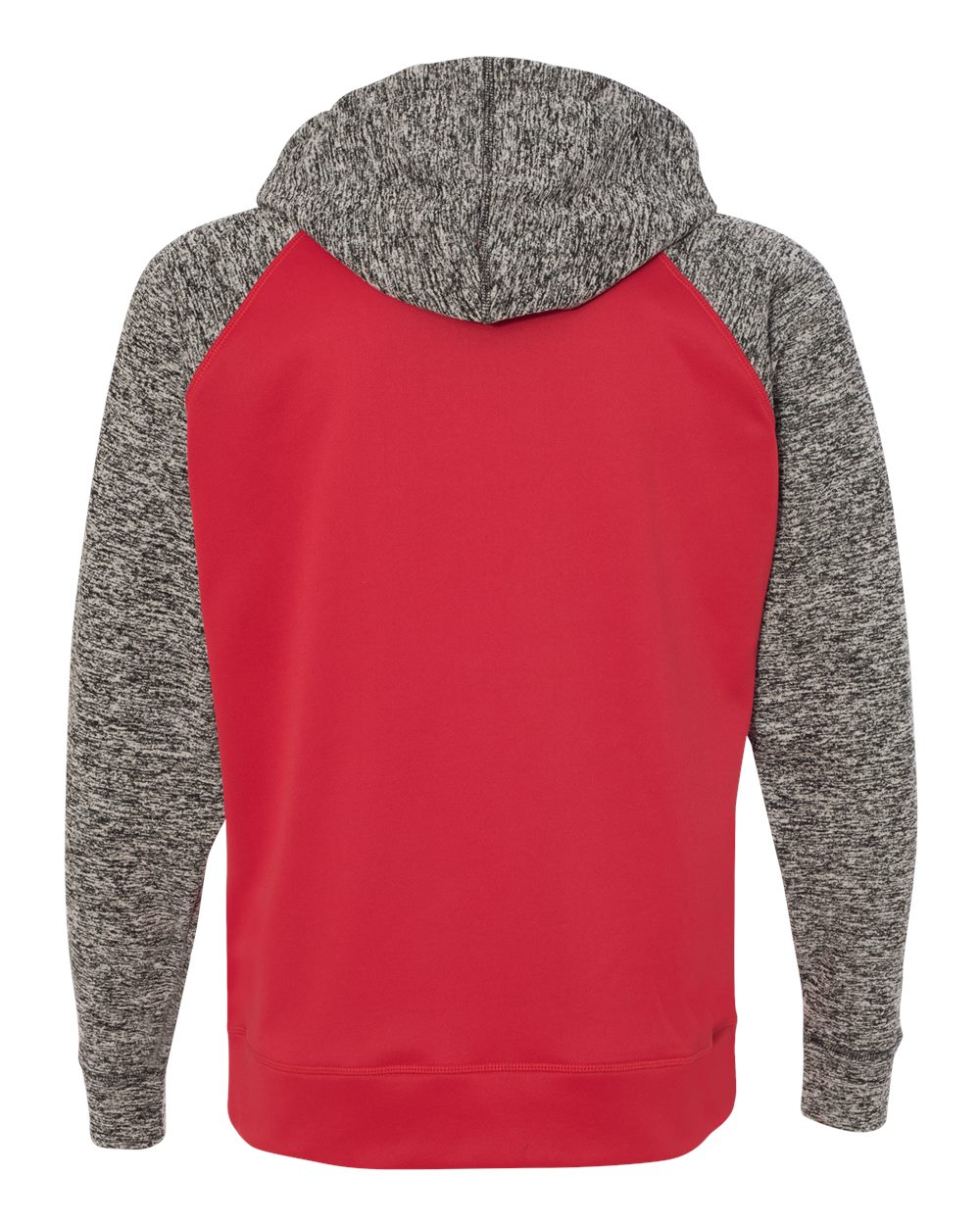 Rear View of Red/ Charcoal Fleck Colorblocked Cosmic Fleece Hooded Sweatshirt - 8612
