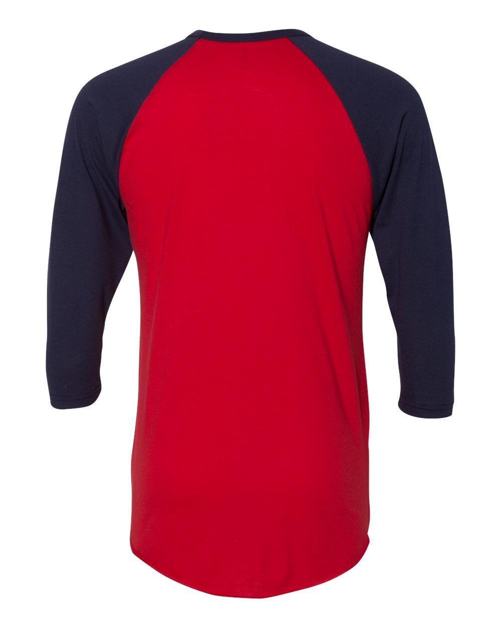 Rear View of Red/ Navy 50/50 Raglan Three-Quarter Sleeve Tee - BB453W