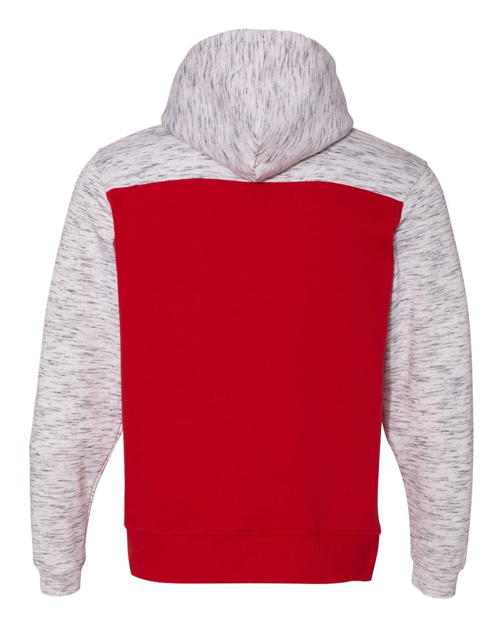 Rear View of Red/ White Mélange Fleece Colorblocked Hooded Sweatshirt - 8676