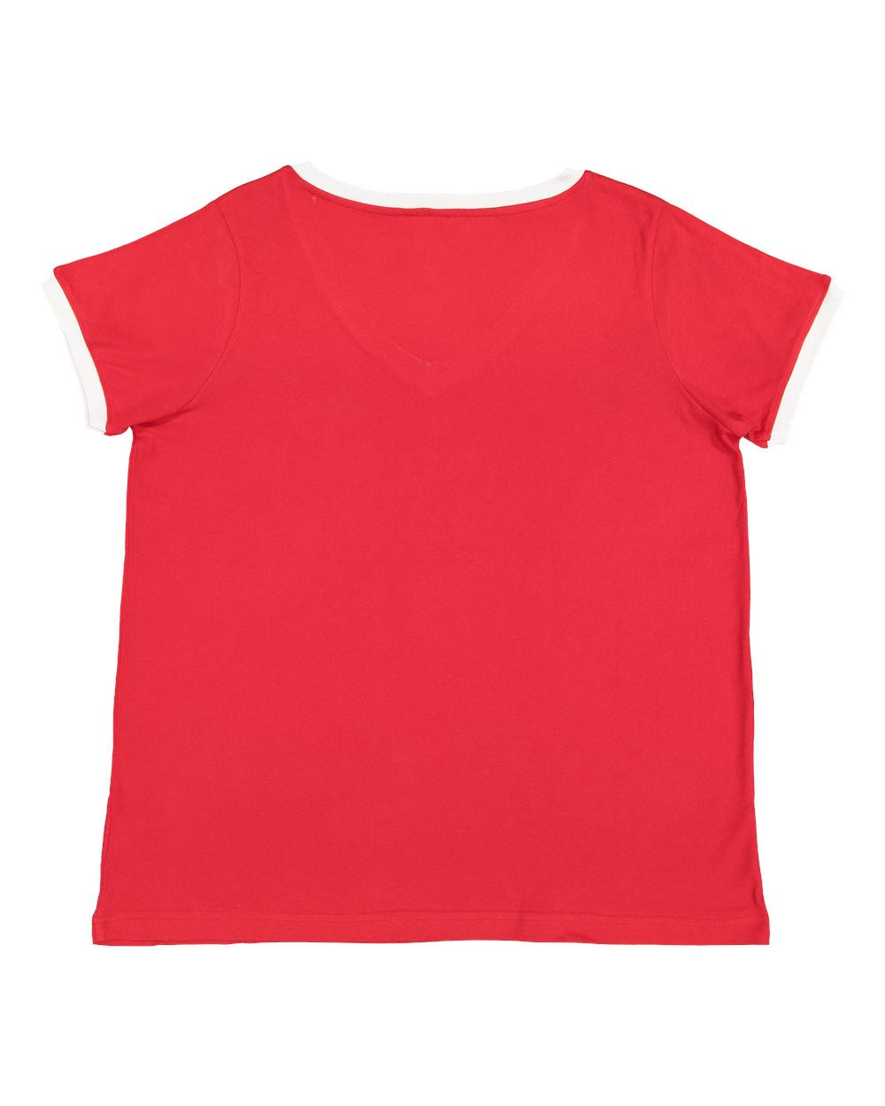 Rear View of Red/ White Women's Curvy Retro Ringer Premium Jersey V-Neck Tee - 3832