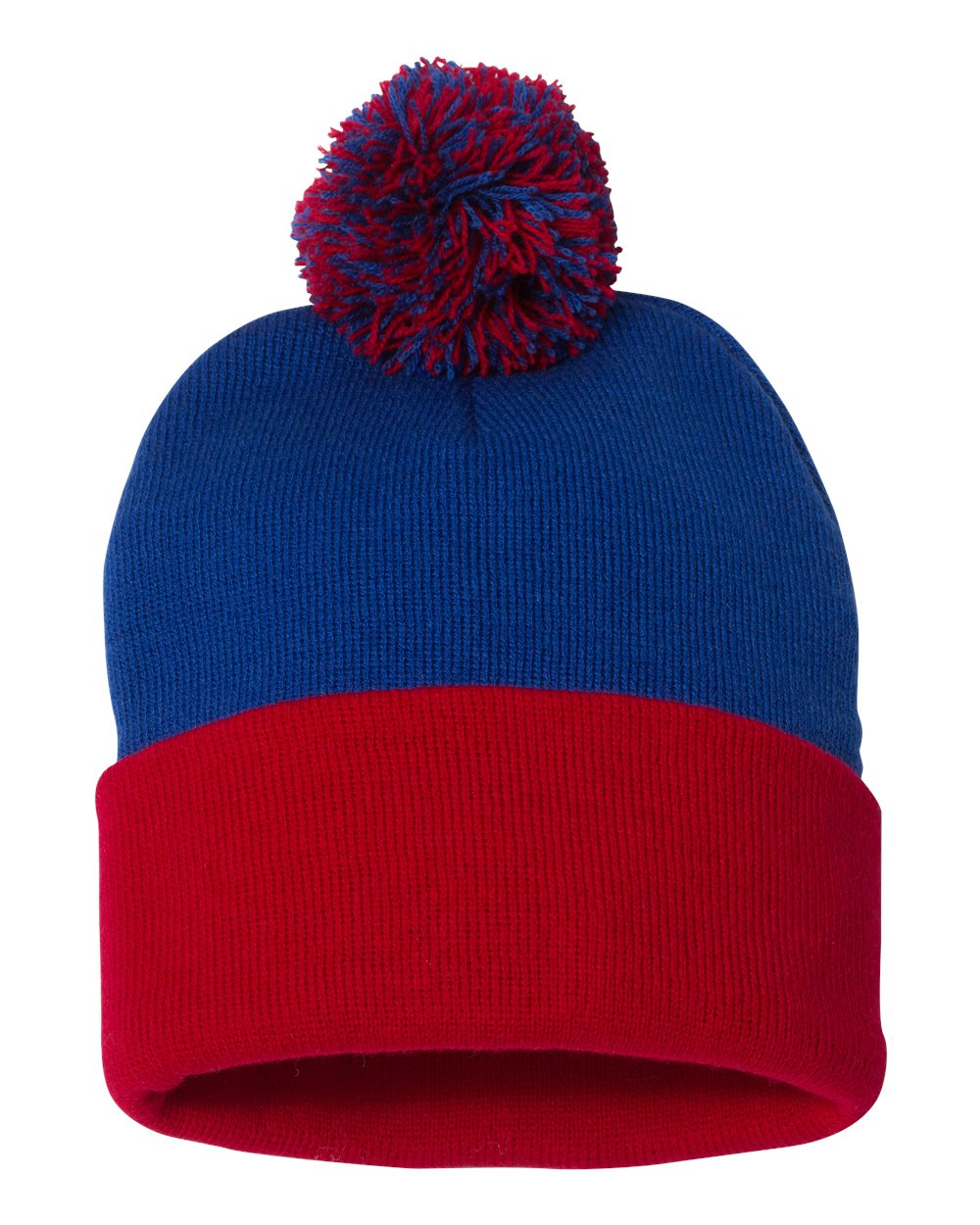 Rear View of Royal/ Red 12" Pom-Pom Cuffed Beanie - SP15