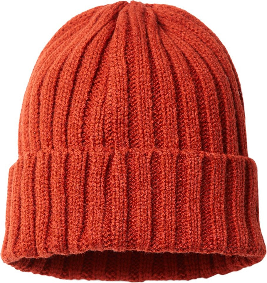 Rear View of Rusty Sustainable Cable Knit Cuffed Beanie - SHORE