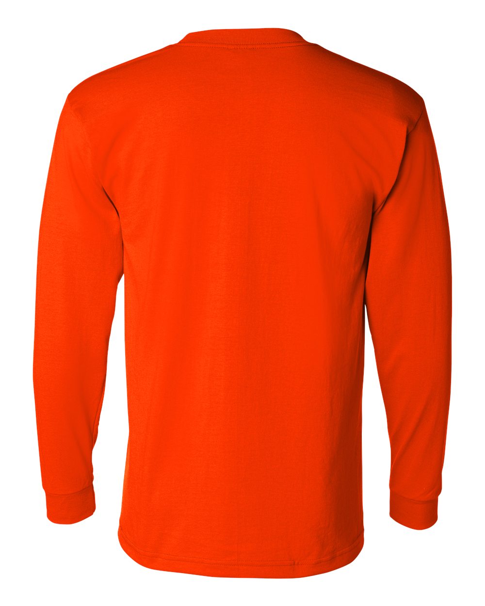 Rear View of Safety Orange USA-Made 50/50 Long Sleeve Pocket T-Shirt - 1730