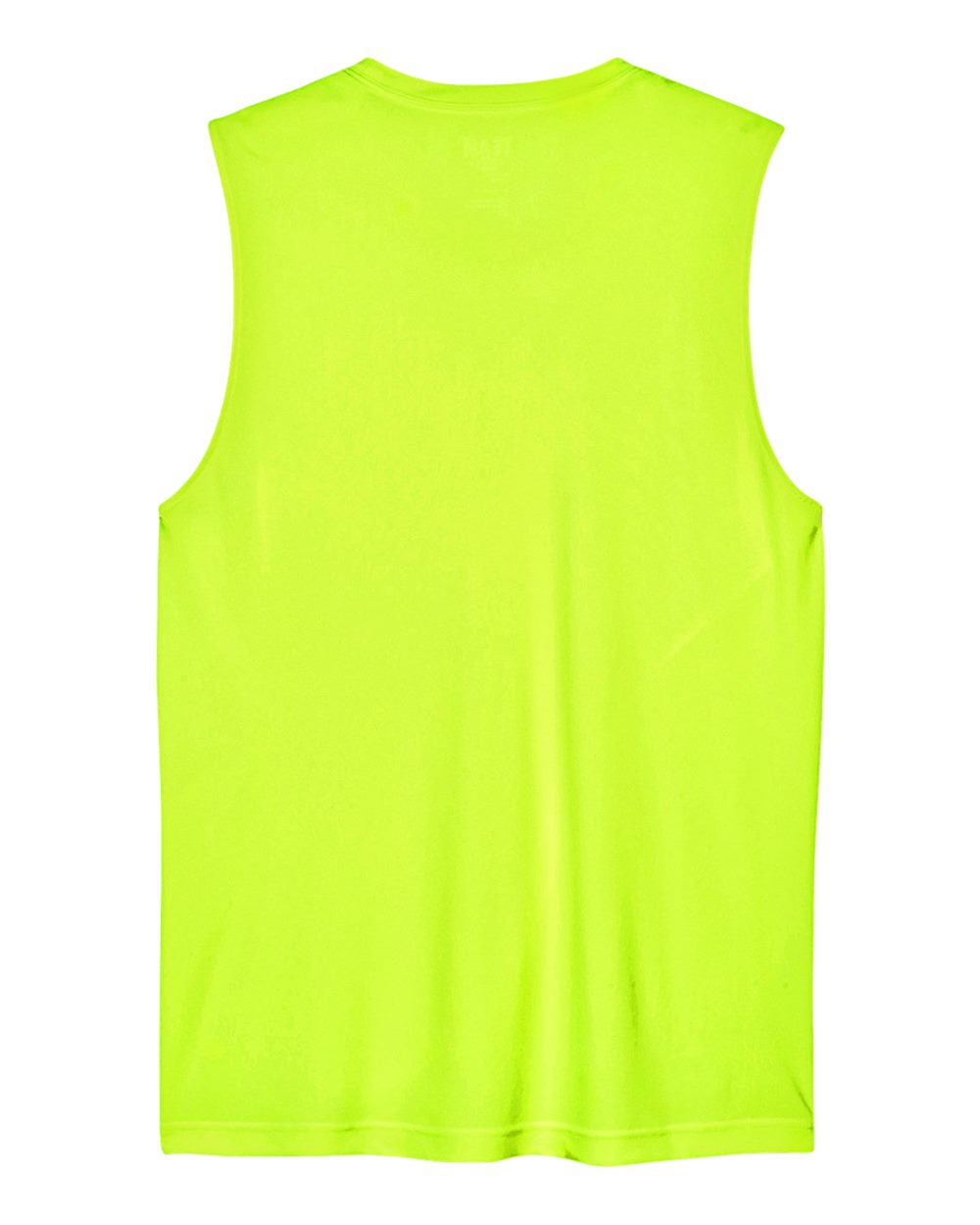 Rear View of Safety Yellow Men's Zone Performance Muscle T-Shirt - TT11M