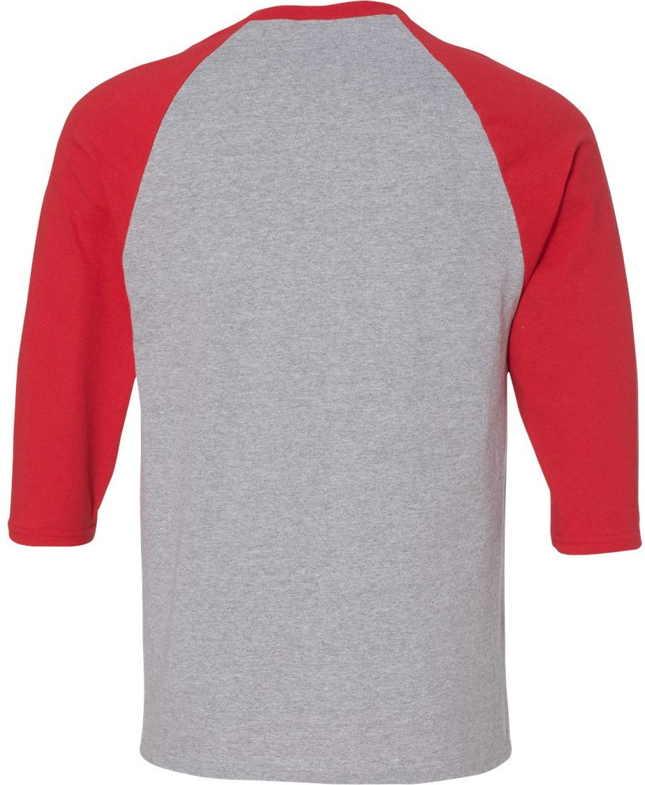 Rear View of Sport Grey/ Red Heavy Cotton™ Raglan Three-Quarter Sleeve T-Shirt - 5700