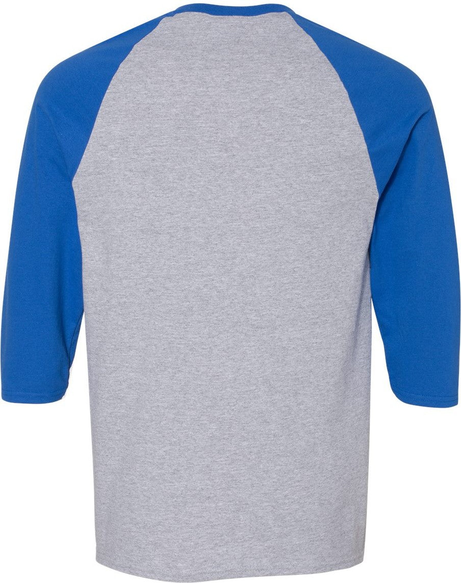 Rear View of Sport Grey/ Royal Heavy Cotton™ Raglan Three-Quarter Sleeve T-Shirt - 5700