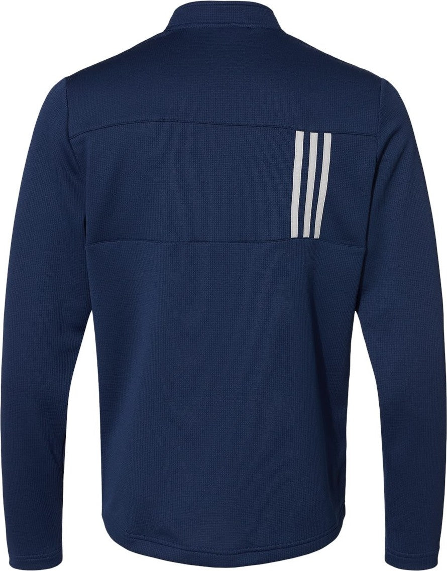 Rear View of Team Navy Blue/ Grey Two 3-Stripes Double Knit Quarter-Zip Pullover - A482