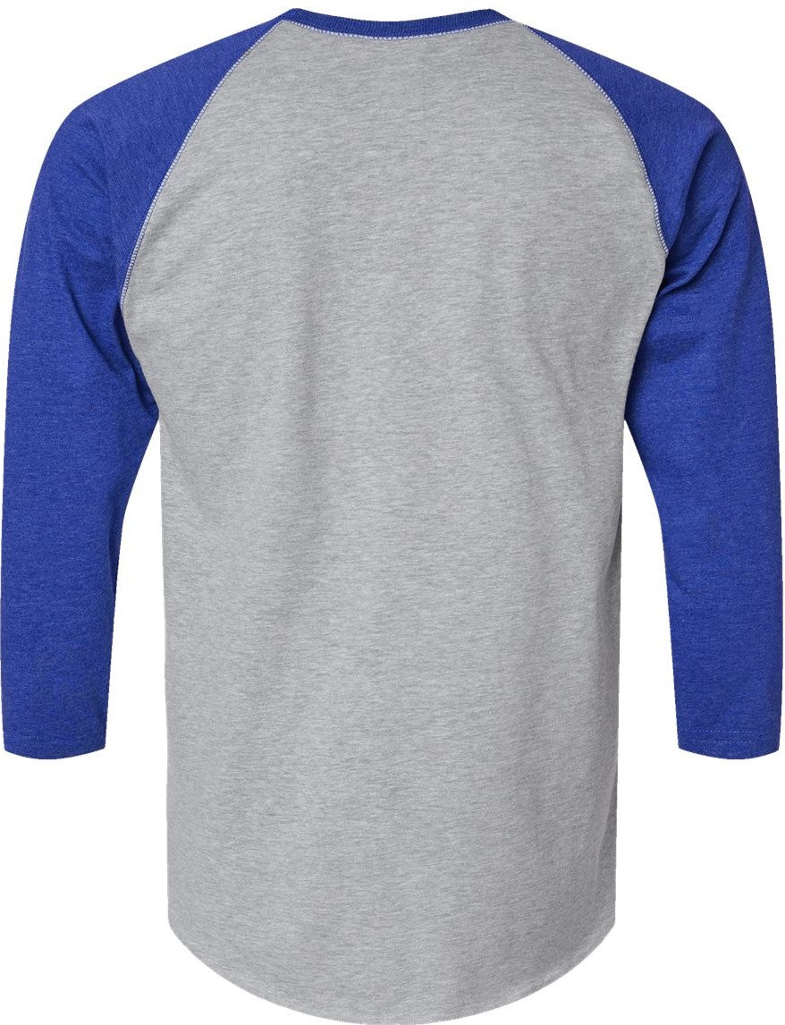 Rear View of Vintage Heather/ Vintage Royal Baseball Fine Jersey Three-Quarter Sleeve Tee - 6930