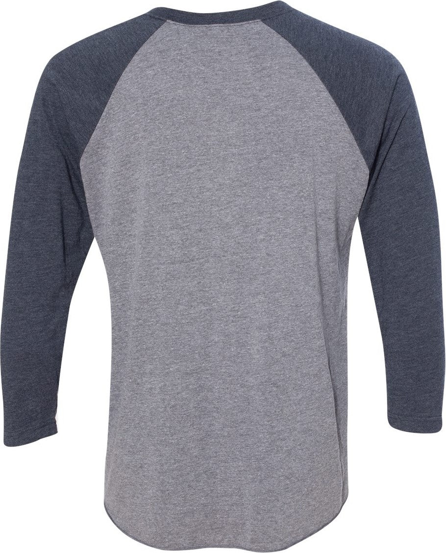 Rear View of Vintage Navy Sleeves/ Premium Heather Body Triblend Three-Quarter Raglan T-Shirt - 6051