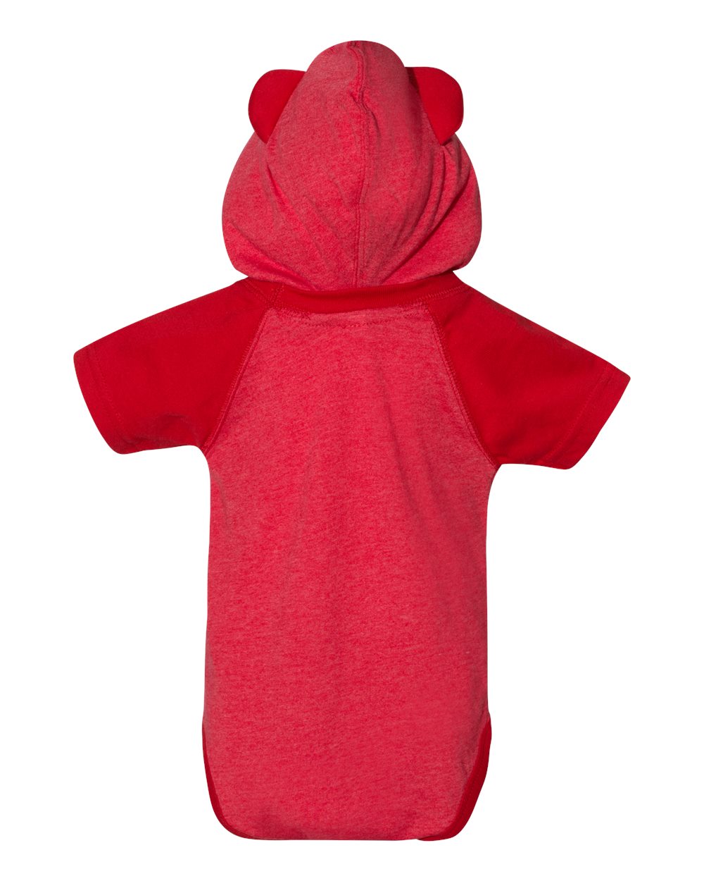 Rear View of Vintage Red/ Red Fine Jersey Infant Short Sleeve Raglan Bodysuit with Hood & Ears - 4417
