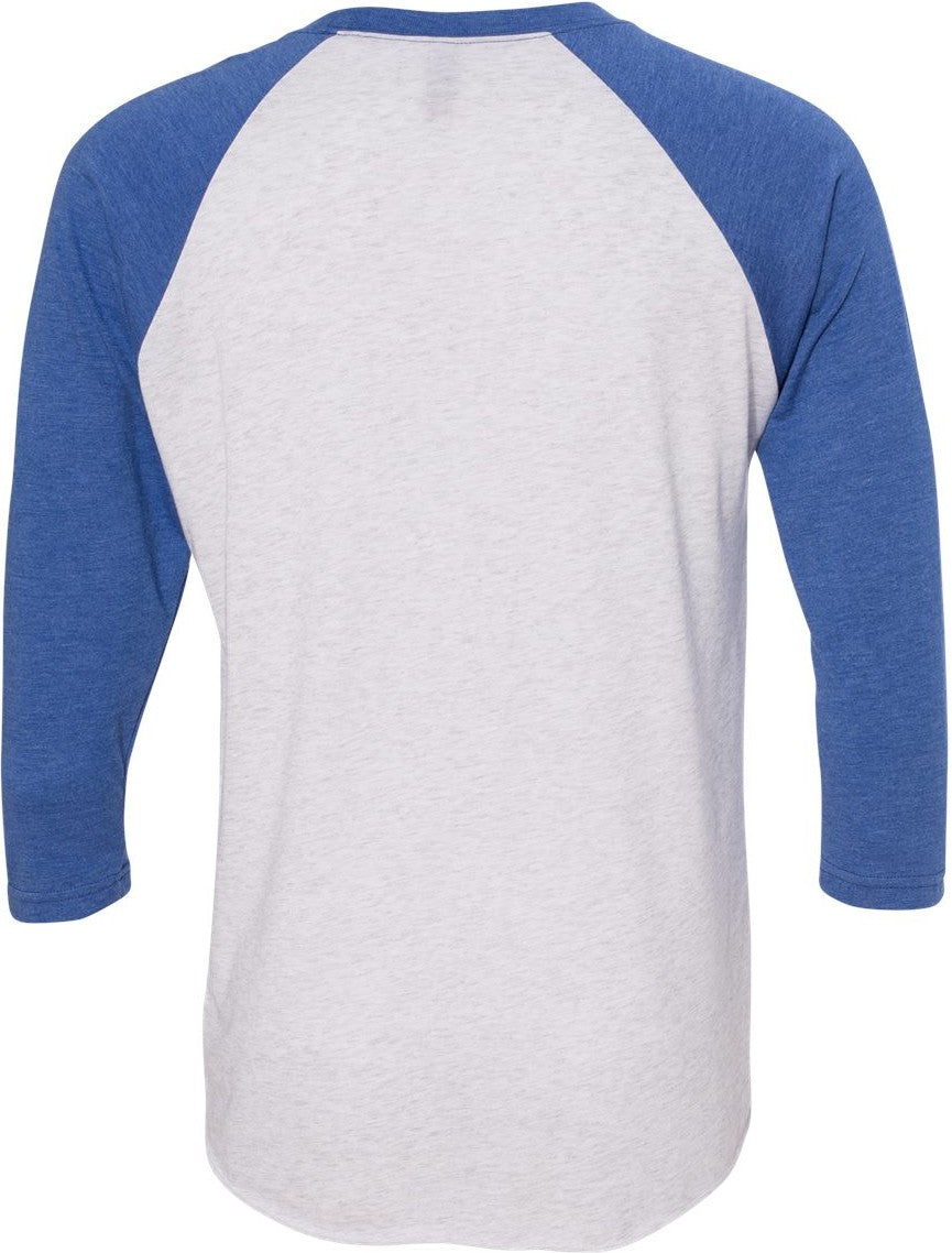 Rear View of Vintage Royal Sleeves/ Heather White Body Triblend Three-Quarter Raglan T-Shirt - 6051