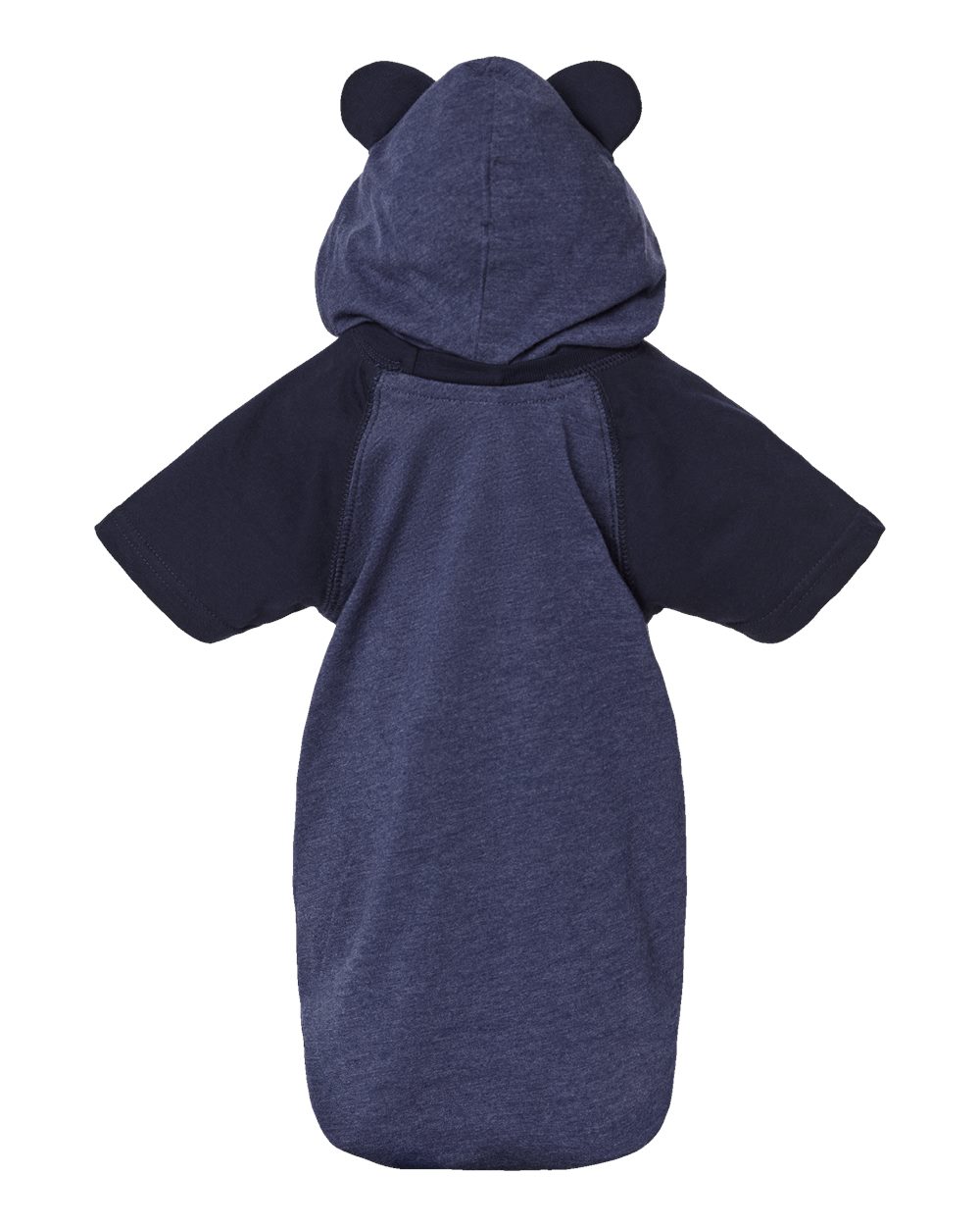 Rear View of Vintage True Navy/ Navy Fine Jersey Infant Short Sleeve Raglan Bodysuit with Hood & Ears - 4417