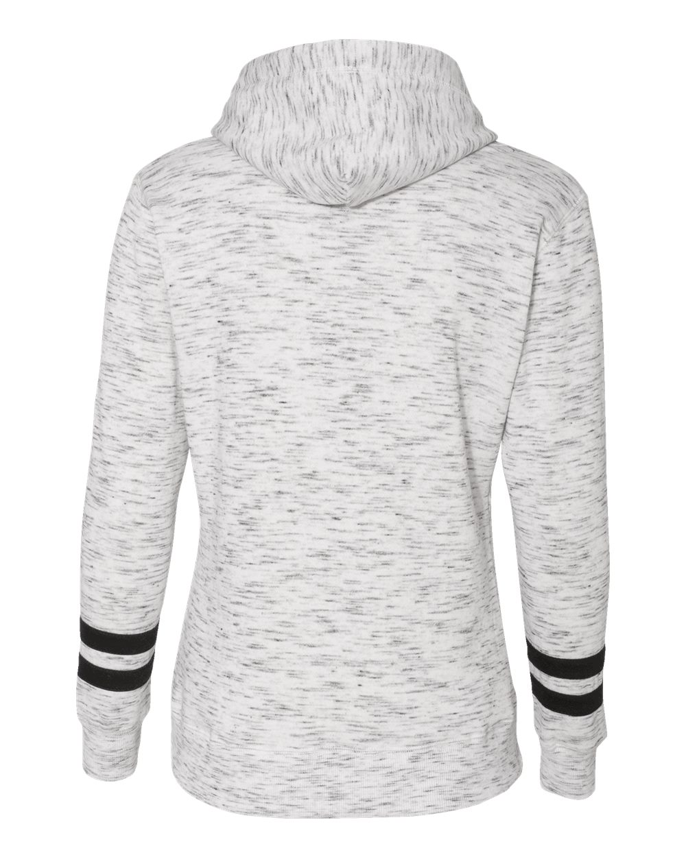 Rear View of White/ Black Women’s Mélange Fleece Striped-Sleeve Hooded Sweatshirt - 8674