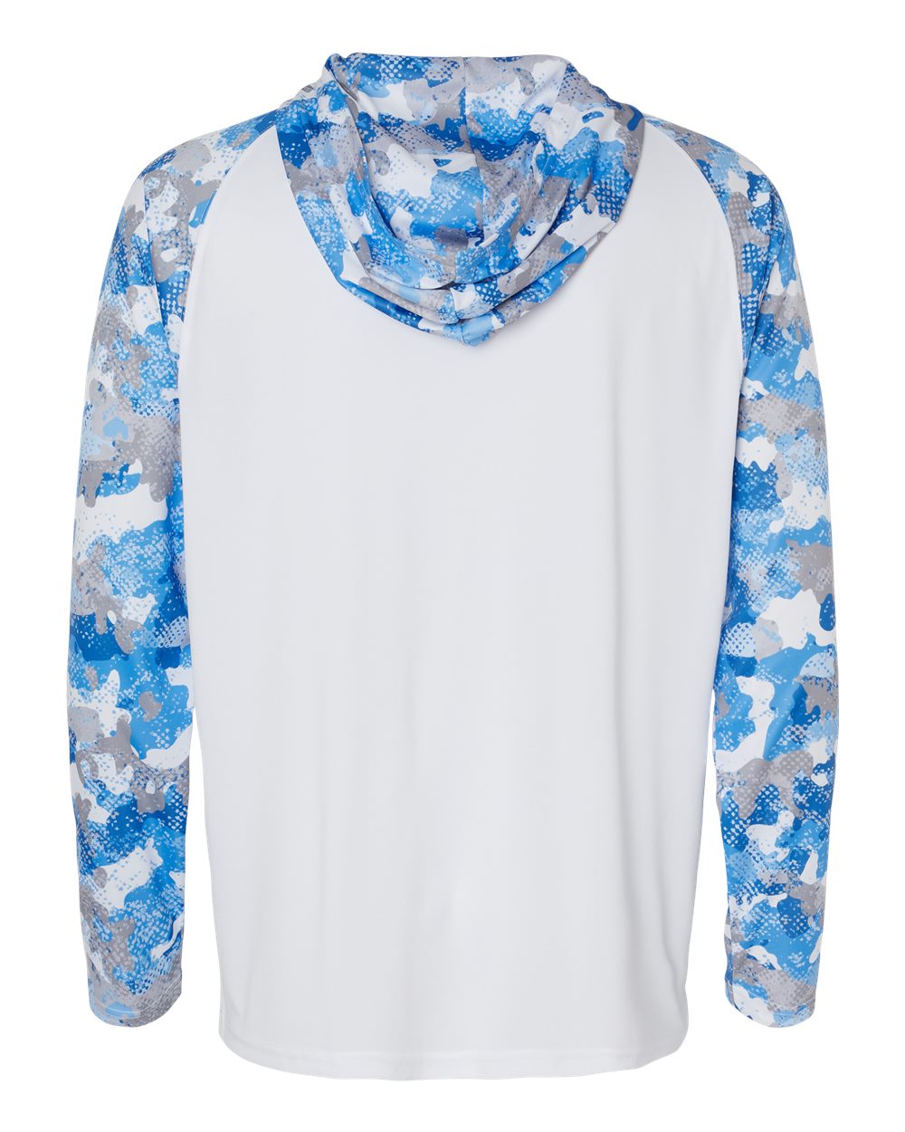 Front View of White/ Blue Mist Camo Tortuga Extreme Performance Hooded T-Shirt - 240