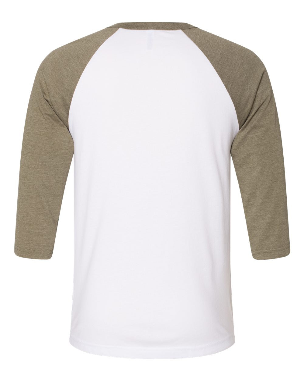 Rear View of White/ Heather Olive Three-Quarter Sleeve Baseball Tee - 3200