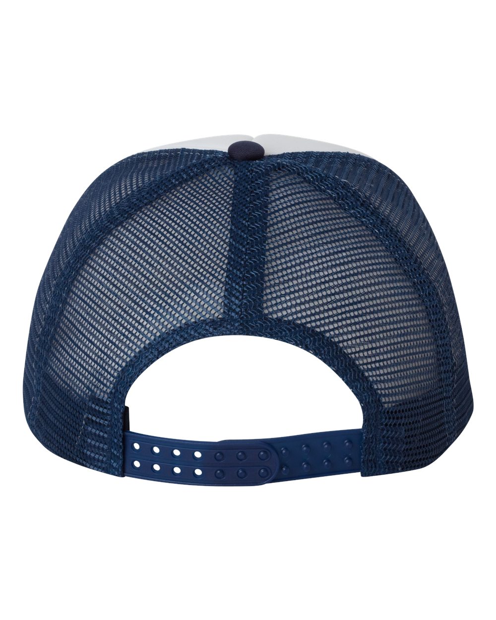 Rear View of White/ Navy Foam Mesh-Back Trucker Cap - VC700