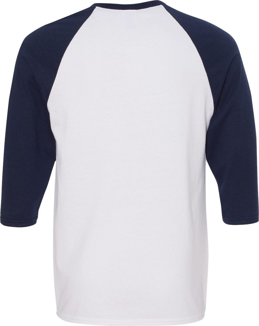 Rear View of White/ Navy Heavy Cotton™ Raglan Three-Quarter Sleeve T-Shirt - 5700