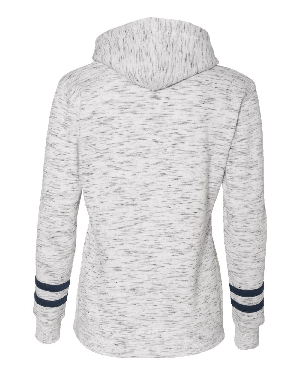 Rear View of White/ Navy Women’s Mélange Fleece Striped-Sleeve Hooded Sweatshirt - 8674