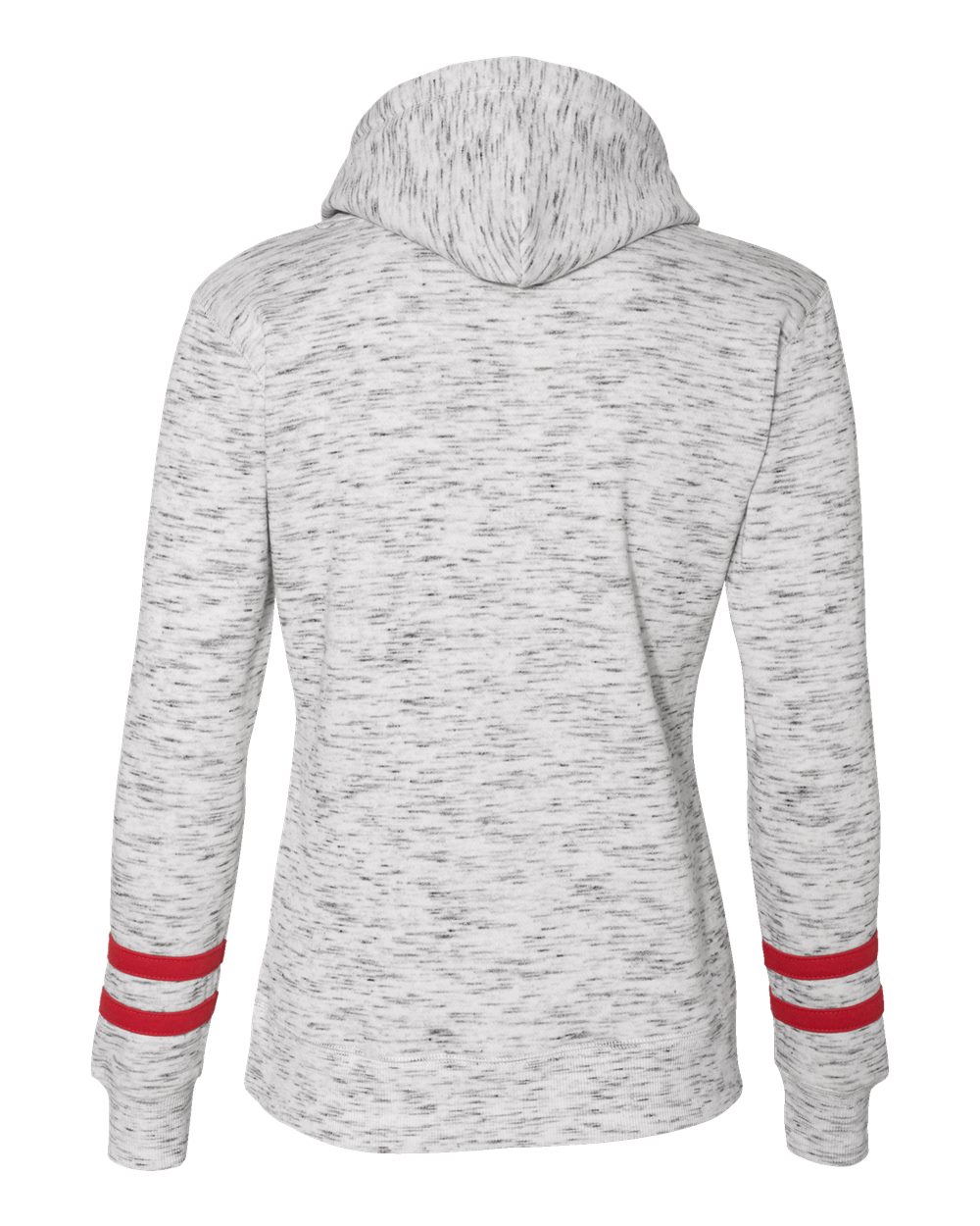 Rear View of White/ Red Women’s Mélange Fleece Striped-Sleeve Hooded Sweatshirt - 8674