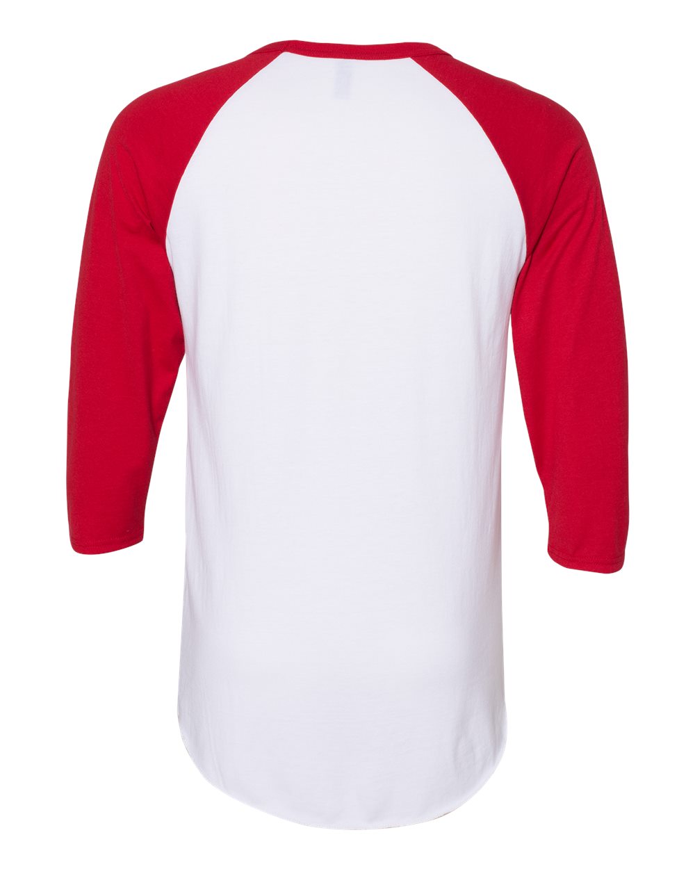 Rear View of White/ True Red Premium Blend Ringspun Three-Quarter Sleeve Raglan Baseball T-Shirt - 560RR