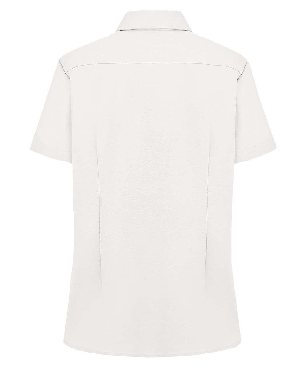 Rear View of White Women's Short Sleeve Stretch Oxford Shirt - S254
