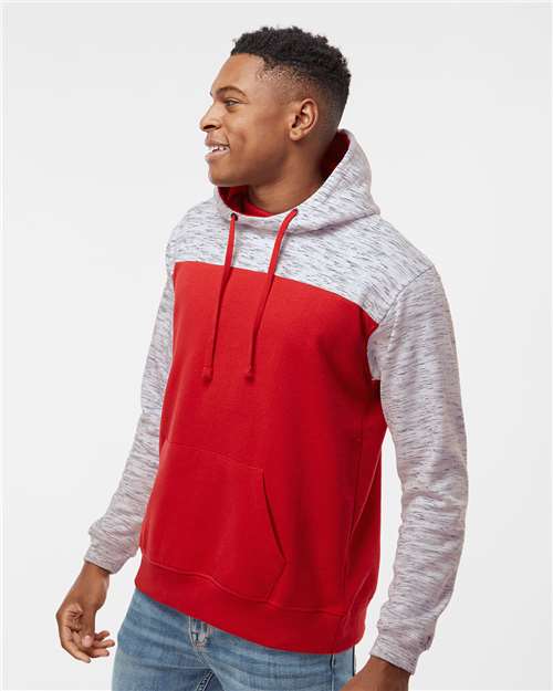 Red/ White Mélange Fleece Colorblocked Hooded Sweatshirt - 8676